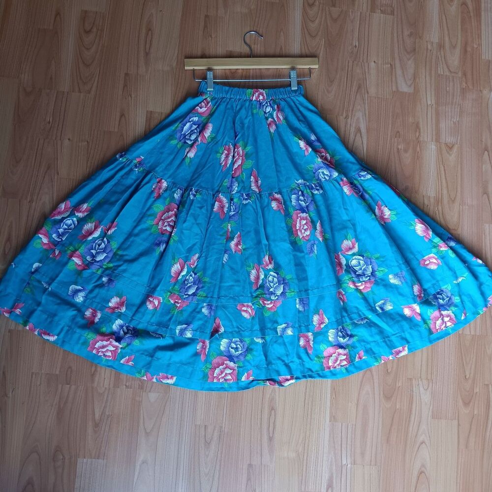 Vintage 80s Album By Kenzo Made In France Wool Blend Turquoise Floral Midi Skirt